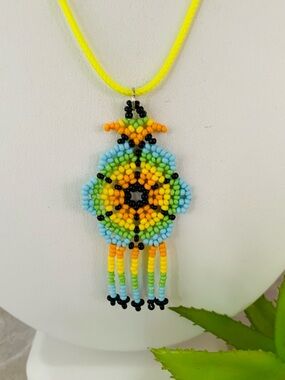 Huichol Beaded Pendant Necklace - Yellow, Blue & Green